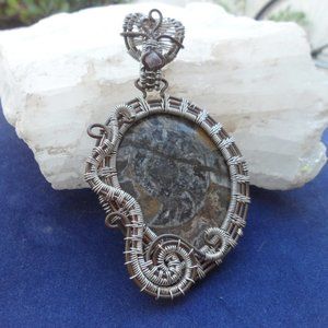 Ammonite Fossil Nautilus Pink Tourmaline Pendant